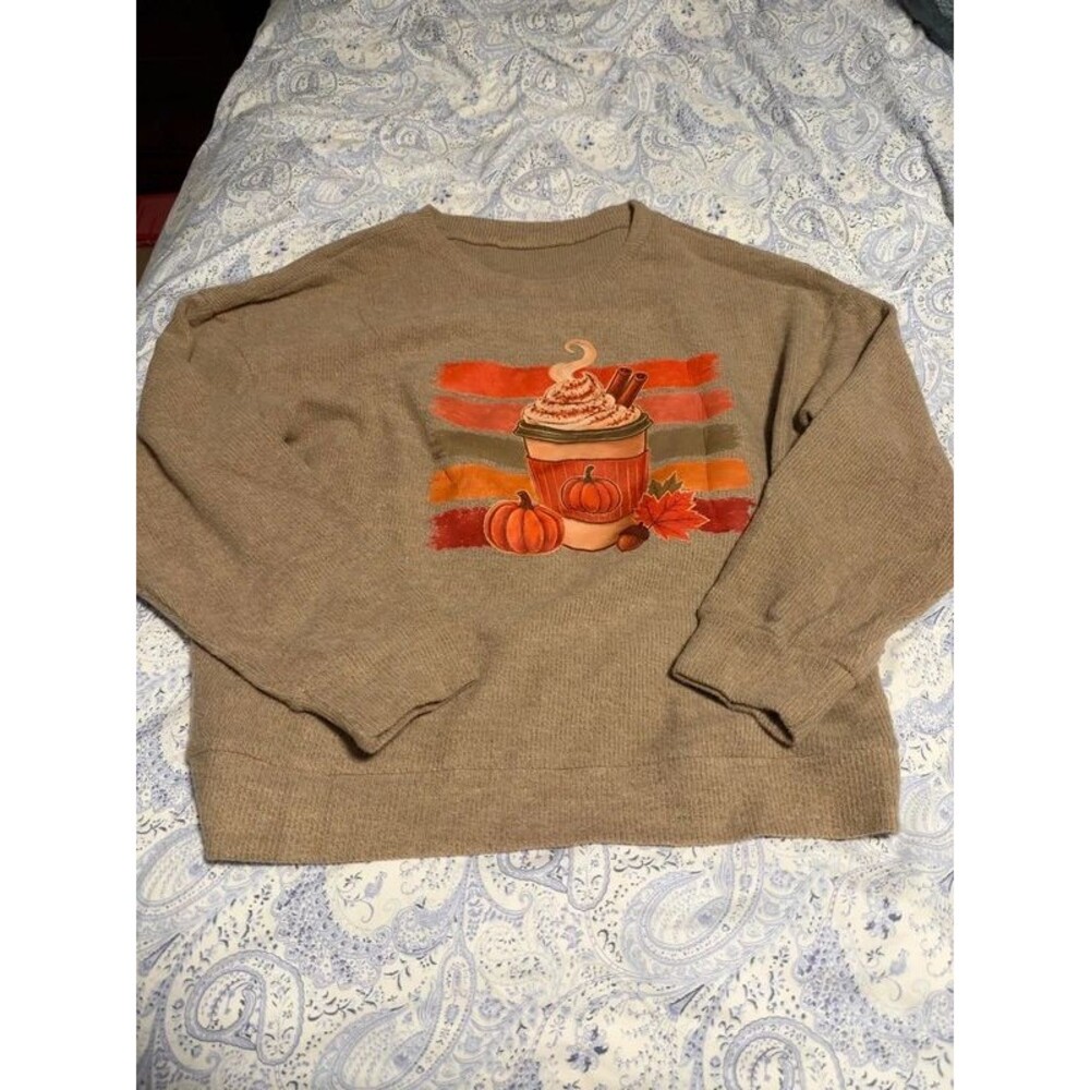 XL tan sweater with pumpkin spice latte decal